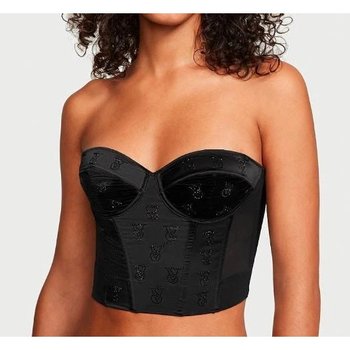 Shine Logo Satin Strapless Corset Top in Black