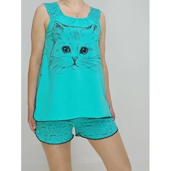 Women's Cat Pajama Set (Tank Top + Shorts) in Turquoise