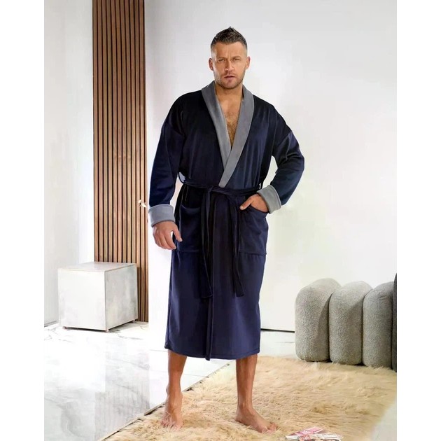 Bata de terciopelo para hombre en azul con cuello gris