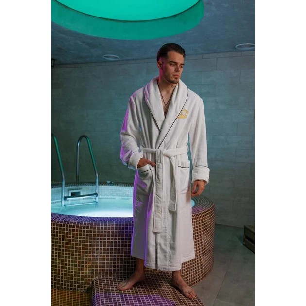 Men's Velvet Bathrobe Family Tradition White with Embroidery
