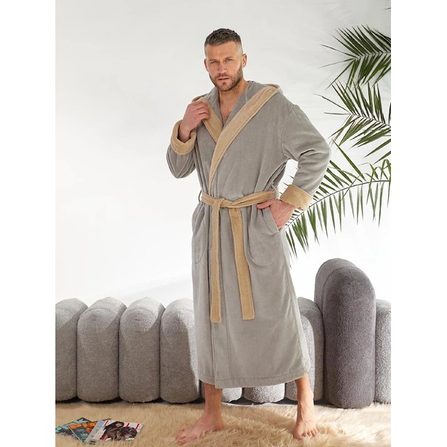 Men's Bathrobe with Hood – Gray and Beige
