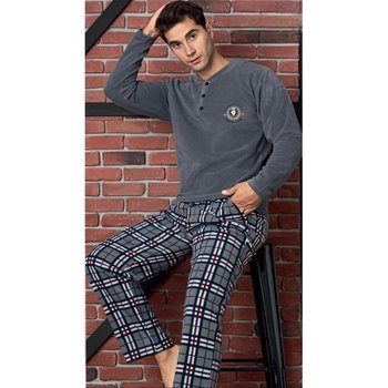 Men's Fleece Pajama Checkered Grey