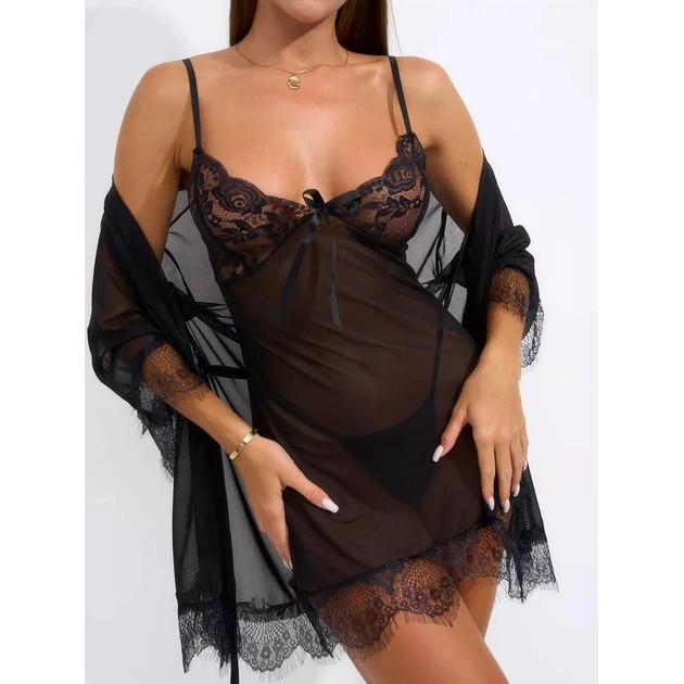 Women's Night Set — Sheer Robe and Black Panties