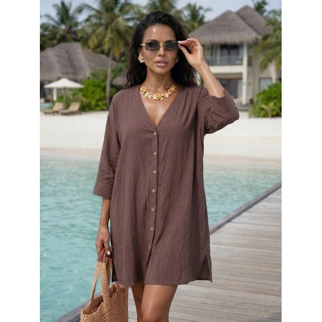 Women's Relax Oversize Beach Tunic Shirt in Brown Crinkled Batiste