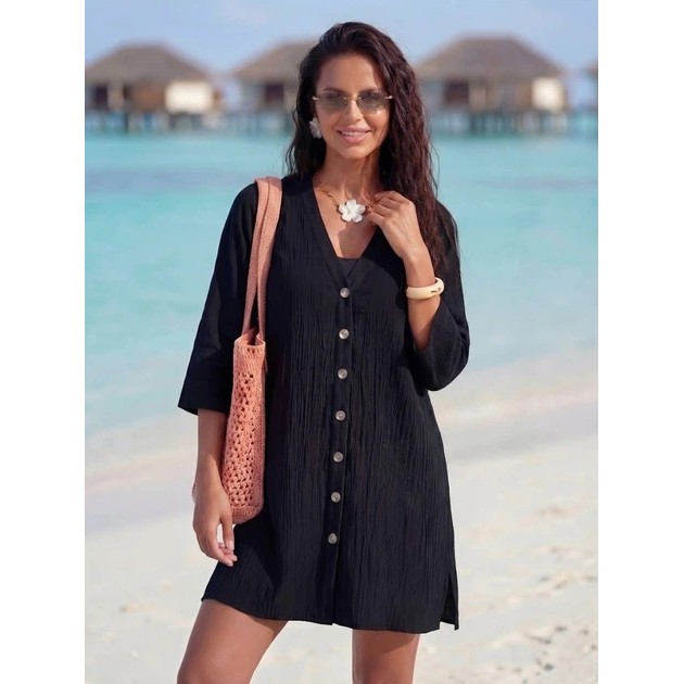 Tunique de plage femme Relax Oversize noire en coton