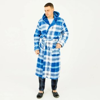 Men's Hooded Bathrobe in Light Blue Checkered Design