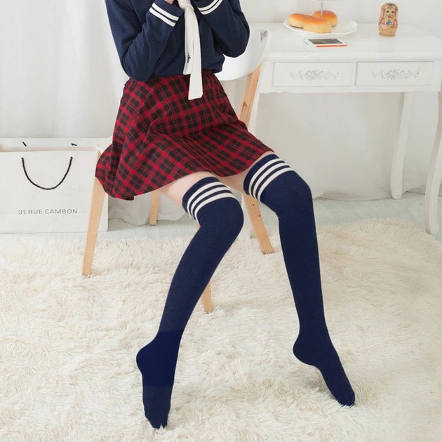 Dark Blue Knee-High Socks with White Stripes — Stylish Everyday Accessory