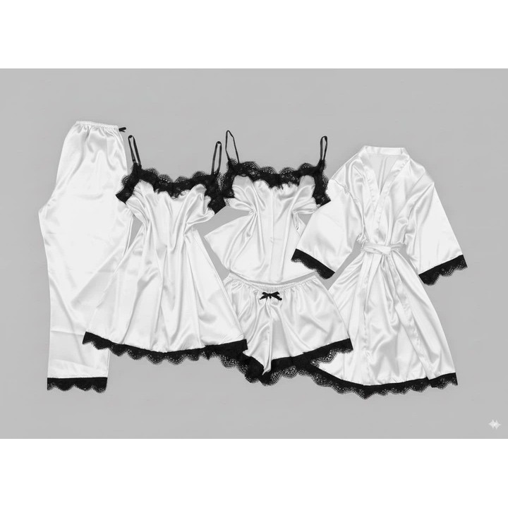 Conjunto de ropa de seda para mujer - bata blanca, top, pantalones cortos y pantalones
