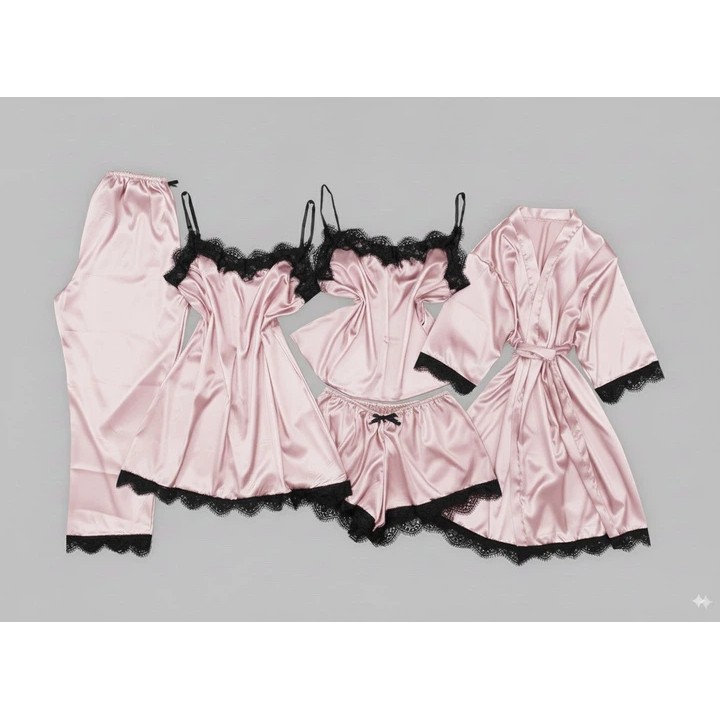 Seiden-Pyjama-Set — Puder Bademantel, Top, Shorts, Hosen und Morgenmantel