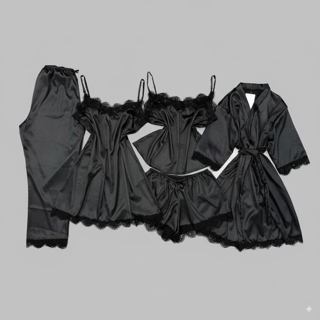 Black Silk Five-Piece Set with Lace