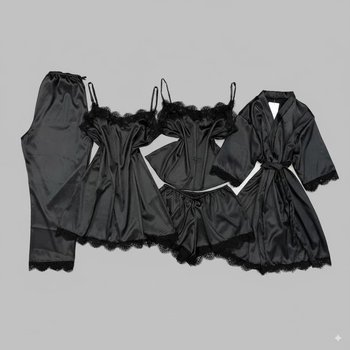 Ensemble en Soie Noire de 5 Pièces avec Dentelle