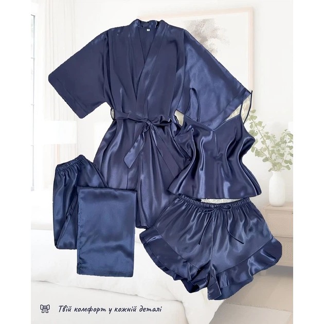 Women's 4-in-1 Pajama Set — Blue Satin Comfort