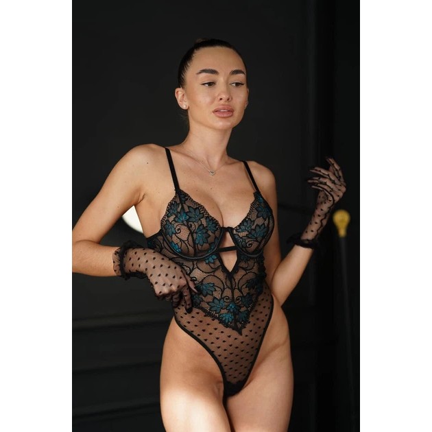 Damen Spitzenbodysuit in Schwarz mit Handschuhen