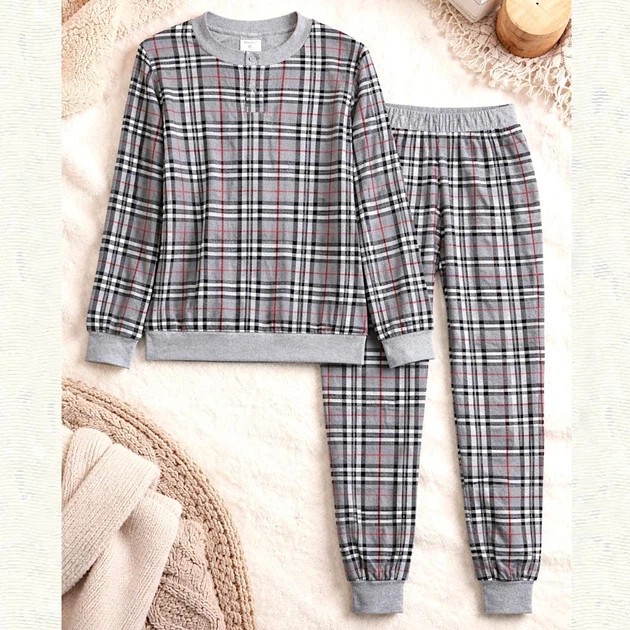 Damen Flanell-Pyjama Set in Grau — Gemütlicher Komfort für Zuhause