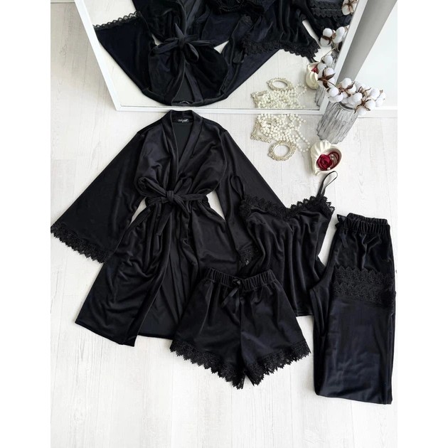 Conjunto de bata y pantalones cortos para mujer en negro