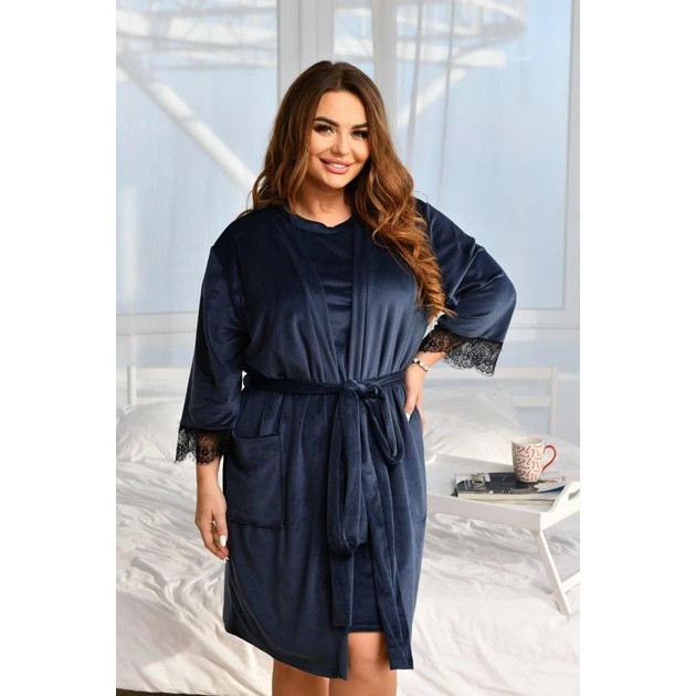 Velvet Home Set — Cozy Robe and Nightgown in Dark Blue