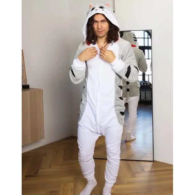 Herren Kigurumi Schlafanzug Katze Chi in Grau — Lustiges Zuhause-Outfit