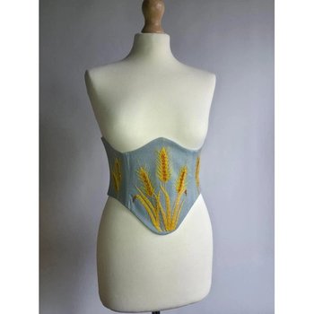 Underbust Corset with Hand Embroidery - Blue Linen