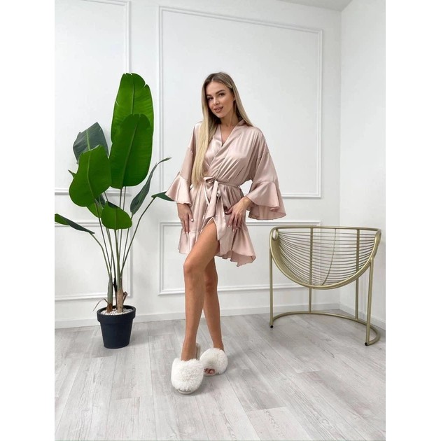 Damen Morgenmantel mit Rüschen aus Satin in Beige