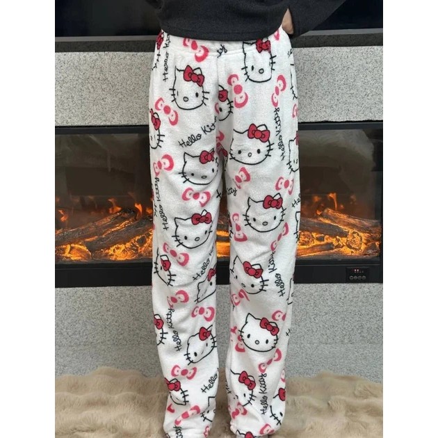 מכנסי פיג'מה פליז של Hello Kitty בצבע לבן - חום ונוחות בבית