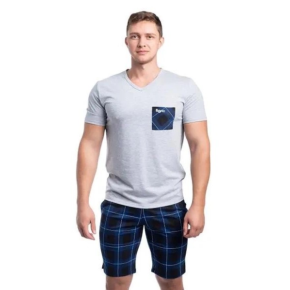 Pyjama homme en coton à carreaux gris et bleu de Bono