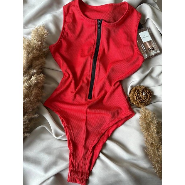 Damen ärmelloses Bodysuit mit Frontreißverschluss in Rot