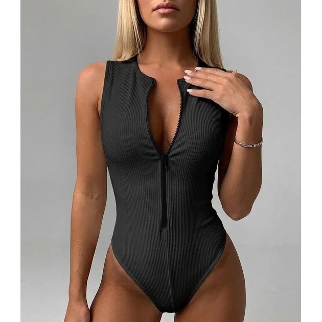 Schwarzes Ripp-Bodysuit mit Reißverschluss — Komfort und Stil