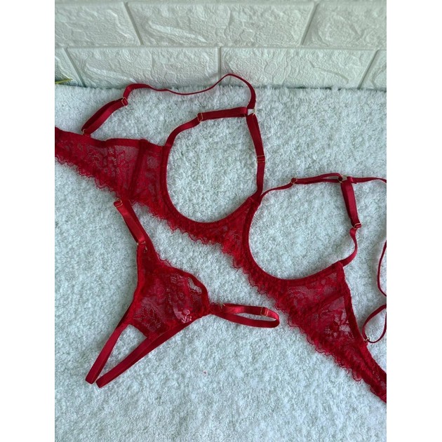 Erotic Lingerie Set — Red Open-Cup Bra and Panties