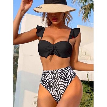 Women's Ruffled Swimwear — Black with Zebra Print