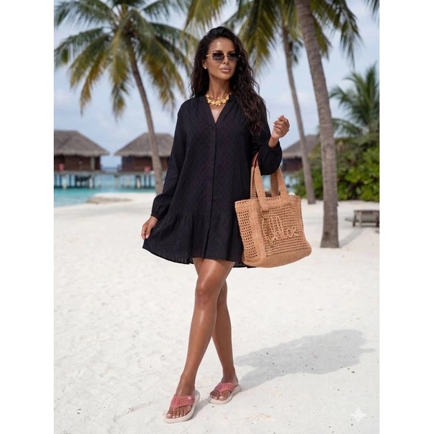 Damen Strandkleid Tunika Sea aus schwarzem Batiste