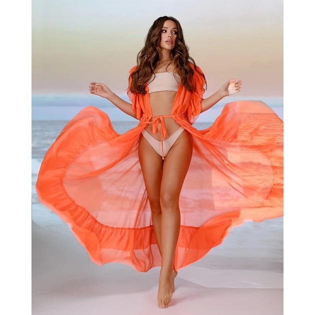 Lange Strandtunika La Visio in Orange mit Rüschen