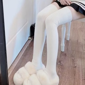 Long Women's Knee-High Leg Warmers with Vertical Ribbing — White Color