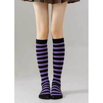 Women's Cotton Knee-High Socks in Black and Purple Stripes