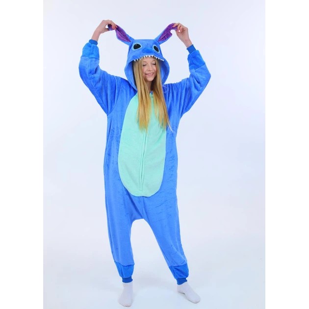 Damen Kigurumi Stitch mit Kapuze — warme Schlafanzug für Zuhause