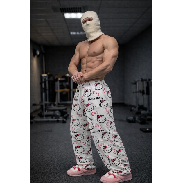 Men's Plush Home Pants Hello Kitty — White Comfort for Home