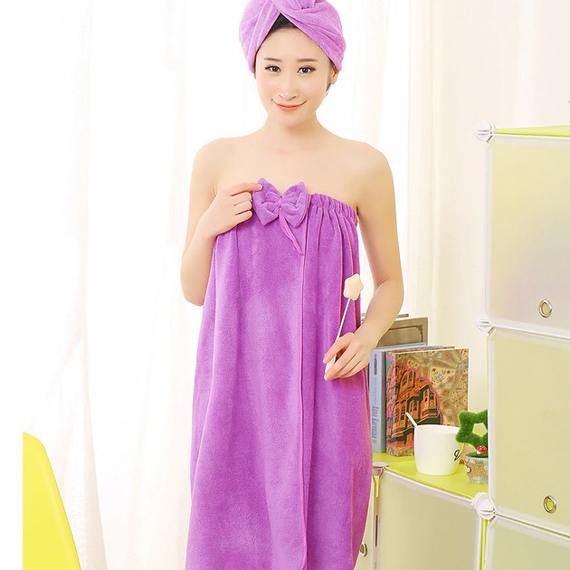 Bath Towel with Turban — Purple Women's Sauna Robe