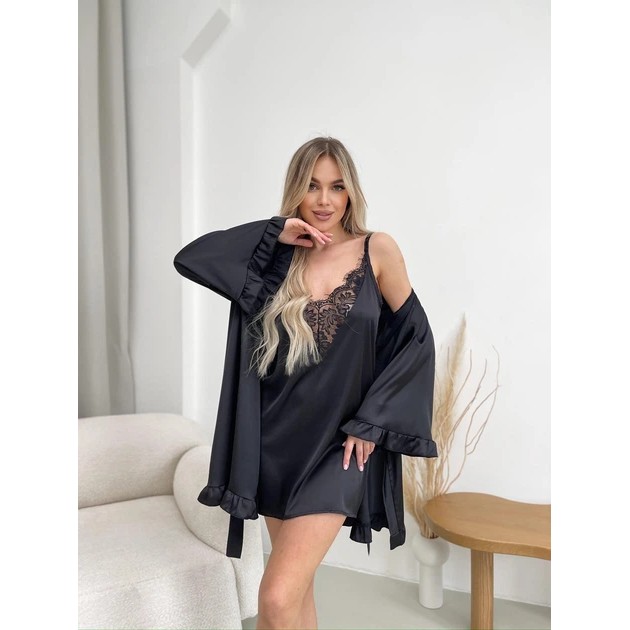 Damen Seiden-Pyjama mit französischer Spitze — elegantes schwarzes Set