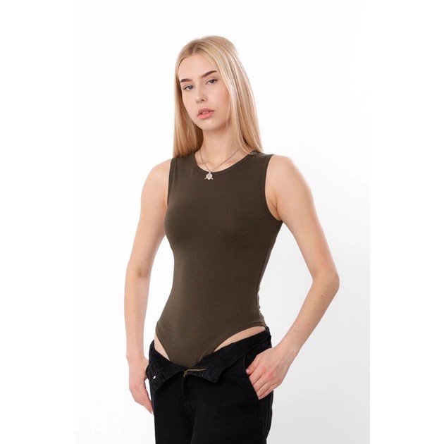 Damen Bodysuit Top aus Stretch Baumwolle — Bequeme Khaki Grundschicht