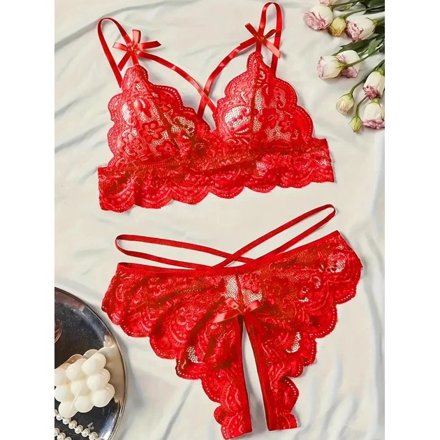 Conjunto de lencería erótica de encaje - rojo