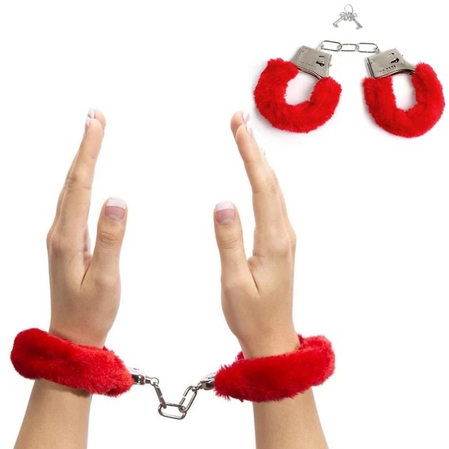 Red Fur-Covered Metal Handcuffs for Adults