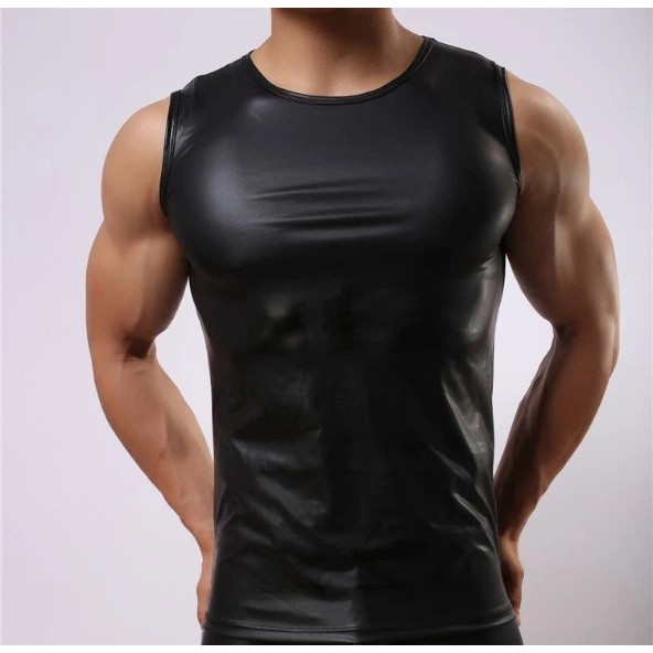 Männliches erotisches Tanktop in Schwarz aus Leder