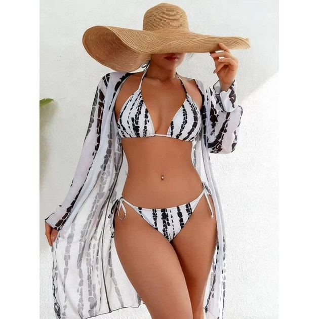 Bikini avec paréo en chiffon noir et blanc