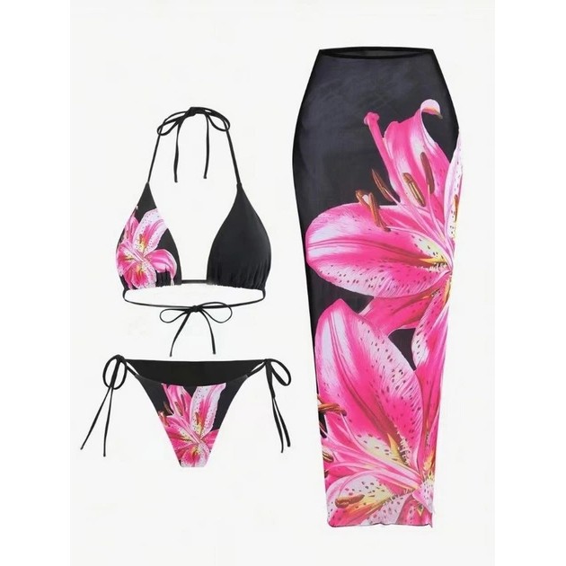 Bañador negro con estampado de lirios – Elegante elección de playa