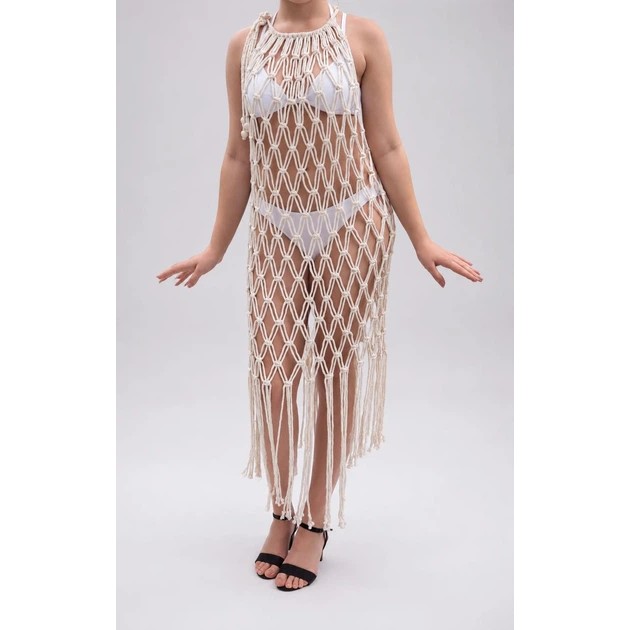Vestido de playa de macramé color marfil – estilo veraniego