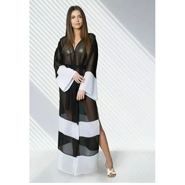 Damen Strand-Chiffon-Tunika-Robe — Eleganter Schwarz-Weiß-Stil