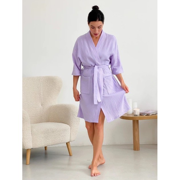 Damen COSY Kimono Bademantel aus Musselin in Lavendel
