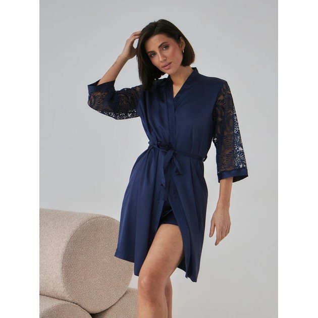 Damen-Bademantel in Dunkelblau von BARWA garments mit Spitzenärmeln