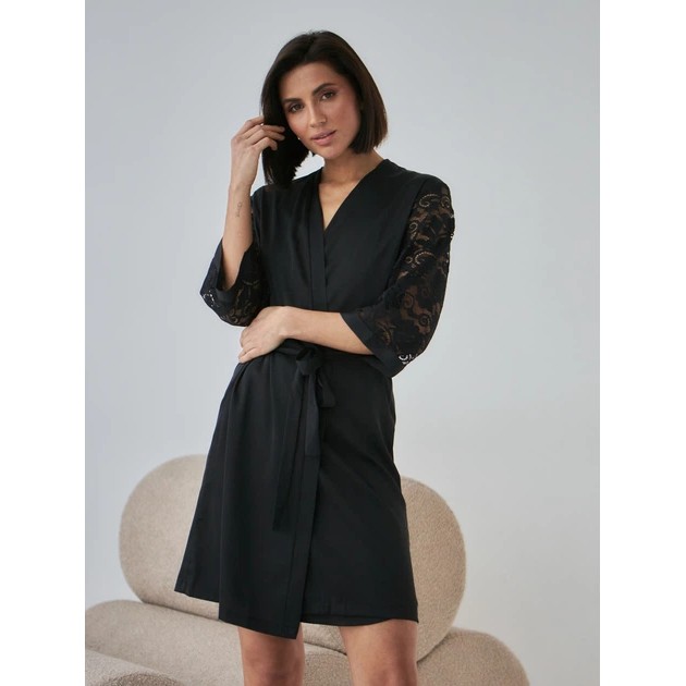 Damen Morgenmantel von BARWA garments in Schwarz mit Spitze