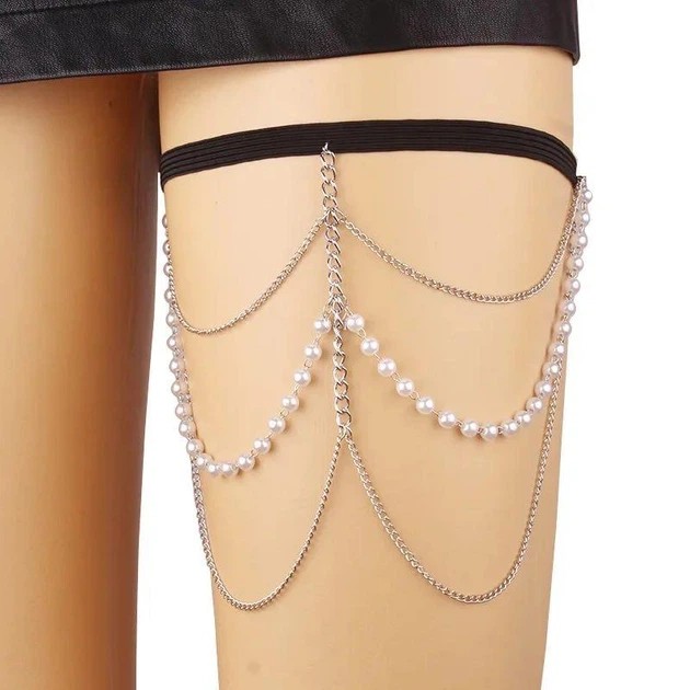 Leg Harness with Silver Chains and Pearls