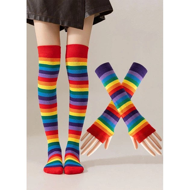 Set of Colorful Knit Knee Socks and Mittens